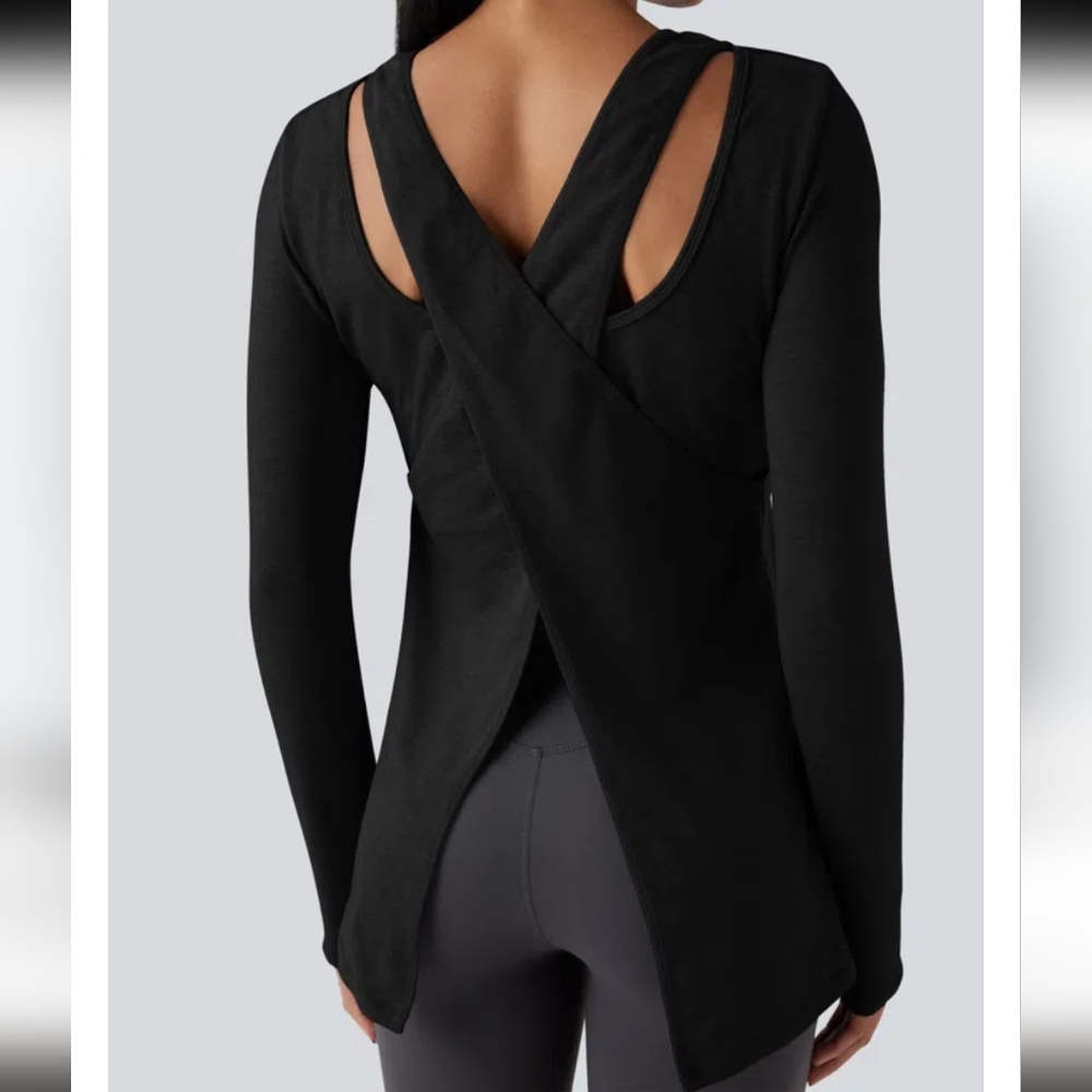 HALARA Black Long Sleeve Crisscross Back Top